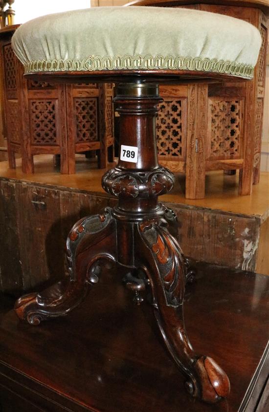 Victorian mahogany adjustable piano stool, on cabriole tripod base
